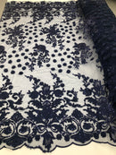 Navy Blue - Mini 3D Flower Embroidered Mesh Sequins And Beaded Fabric Sold By The Yard