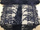 Navy Blue - Mini 3D Flower Embroidered Mesh Sequins And Beaded Fabric Sold By The Yard