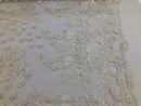 Ivory - Mini 3D Flower Embroidered Mesh Sequins And Beaded Fabric Sold By The Yard
