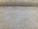 Ivory - Mini 3D Flower Embroidered Mesh Sequins And Beaded Fabric Sold By The Yard