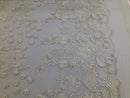 White - Mini 3D Flower Embroidered Mesh Sequins And Beaded Fabric Sold By The Yard