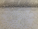 White - Mini 3D Flower Embroidered Mesh Sequins And Beaded Fabric Sold By The Yard