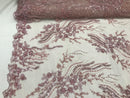 Beaded - Dusty Rose - Elegant Small Flower Pattern Design Sequins Fabric with Beads Sold By The Yard