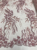 Beaded - Dusty Rose - Elegant Small Flower Pattern Design Sequins Fabric with Beads Sold By The Yard