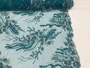 Beaded - Teal  - Elegant Small Flower Pattern Design Sequins Fabric with Beads Sold By The Yard