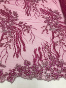 Beaded - Magenta - Elegant Small Flower Pattern Design Sequins Fabric with Beads Sold By The Yard