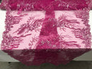 Beaded - Magenta - Elegant Small Flower Pattern Design Sequins Fabric with Beads Sold By The Yard