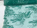 Beaded - Jade - Elegant Small Flower Pattern Design Sequins Fabric with Beads Sold By The Yard