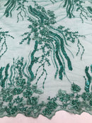 Beaded - Jade - Elegant Small Flower Pattern Design Sequins Fabric with Beads Sold By The Yard