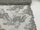 Beaded - Silver - Elegant Small Flower Pattern Design Sequins Fabric with Beads Sold By The Yard
