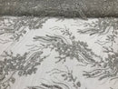 Beaded - Silver - Elegant Small Flower Pattern Design Sequins Fabric with Beads Sold By The Yard