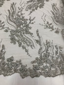 Beaded - Silver - Elegant Small Flower Pattern Design Sequins Fabric with Beads Sold By The Yard