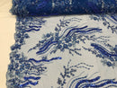 Beaded - Royal Blue - Elegant Small Flower Pattern Design Sequins Fabric with Beads Sold By The Yard