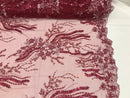 Beaded - Burgundy - Elegant Small Flower Pattern Design Sequins Fabric with Beads Sold By The Yard