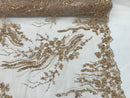 Beaded - Champagne - Elegant Small Flower Pattern Design Sequins Fabric with Beads Sold By The Yard