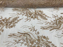 Beaded - Champagne - Elegant Small Flower Pattern Design Sequins Fabric with Beads Sold By The Yard