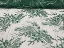 Beaded - Hunter Green - Elegant Small Flower Pattern Design Sequins Fabric with Beads Sold By Yard