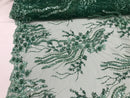 Beaded - Hunter Green - Elegant Small Flower Pattern Design Sequins Fabric with Beads Sold By Yard