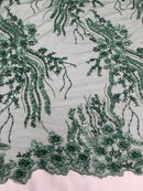 Beaded - Hunter Green - Elegant Small Flower Pattern Design Sequins Fabric with Beads Sold By Yard