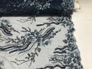 Beaded - Navy - Elegant Small Flower Pattern Design Sequins Fabric with Beads Sold By The Yard