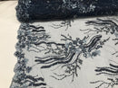 Beaded - Navy - Elegant Small Flower Pattern Design Sequins Fabric with Beads Sold By The Yard