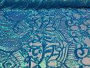 Turquoise - 4 Way Stretch Embroidered Royalty Sequins Design Fabric By Yard
