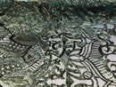 Hunter Green - 4 Way Stretch Embroidered Royalty Sequins Design Fabric By Yard