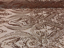 Big Damask Sequins Fabric - Rose Gold - 4 Way Stretch Damask Sequins Design Fabric By Yard