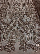 Big Damask Sequins Fabric - Rose Gold - 4 Way Stretch Damask Sequins Design Fabric By Yard