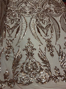Big Damask Sequins Fabric - Rose Gold - 4 Way Stretch Damask Sequins Design Fabric By Yard