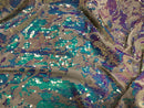 Velvet 4 Way Stretch - Iridescent Aqua - Shiny Reversible Sequins Fabric On Ivory Velvet By Yard