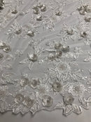 3D Flower Fabric -White - Fancy Embroidered Mesh Sequins Fabric with Beads Sold By The Yard