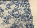 3D Flower Fabric - Baby Blue - Fancy Embroidered Mesh Sequins Fabric with Beads Sold By The Yard