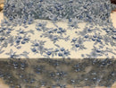 3D Flower Fabric - Baby Blue - Fancy Embroidered Mesh Sequins Fabric with Beads Sold By The Yard