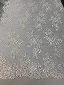 Lace Fabric - White - Flowers Embroidery Sequins Mesh Wedding Bridal Fabric Sold By The Yard