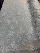 Lace Fabric - White - Flowers Embroidery Sequins Mesh Wedding Bridal Fabric Sold By The Yard