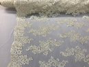 Lace Fabric - Ivory - Flowers Embroidery Sequins Mesh Wedding Bridal Fabric Sold By The Yard