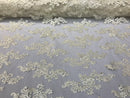 Lace Fabric - Ivory - Flowers Embroidery Sequins Mesh Wedding Bridal Fabric Sold By The Yard