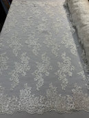 Lace Fabric - Off-White - Flowers Embroidery Sequins Mesh Wedding Bridal Fabric Sold By The Yard