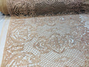 Beaded Feather Fabric - Blush - Embroidered Luxury Mesh Lace with Beads and Feathers By The Yard