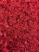 Leopard Sequins Fabric - Red - Animal Print Shiny Sequins Design 2 Way Stretch Sold By The Yard