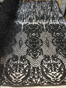 Beaded Feather Fabric - Black - Embroidered Luxury Mesh Lace with Beads and Feathers By The Yard