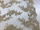 Floral Lace Fabric - Champagne - Flowers Embroidery Sequins Mesh Design Fabric Sold By The Yard