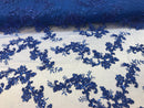 Floral Lace Fabric - Royal Blue - Flowers Embroidery Sequins Mesh Design Fabric Sold By The Yard