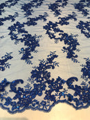 Floral Lace Fabric - Royal Blue - Flowers Embroidery Sequins Mesh Design Fabric Sold By The Yard
