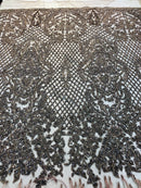 Beaded Feather Fabric - Coffee - Embroidered Luxury Mesh Lace with Beads and Feathers By The Yard