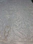 Beaded Feather Fabric - Ivory - Embroidered Luxury Mesh Lace with Beads and Feathers By The Yard