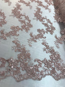 Floral Lace Fabric - Blush - Flowers Embroidery Sequins Mesh Design Fabric Sold By The Yard