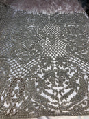 Beaded Feather Fabric - Dark Champagne - Embroidered Luxury Mesh with Beads and Feathers By The Yard