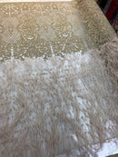 Beaded Feather Fabric - Honey Gold Embroidered Luxury Mesh Lace with Beads and Feathers By The Yard